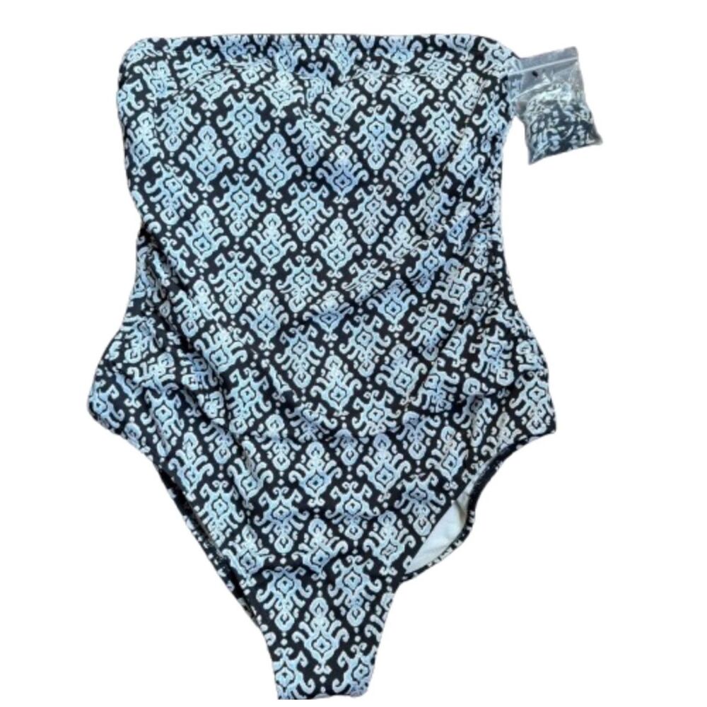 Shade & Shore NWT Shirred Black & Blue Full Coverage One Piece Swimsuit Size L